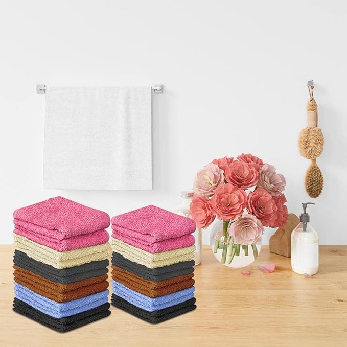 100% Cotton - Wash Cloth Set - Pack of 24, Flannel Face Cloths, Light Weight, Thin Quality Highly Absorbent and Soft Feel Fingertip Towels (12x12 Pack of 24) Gift Bath Multicolor