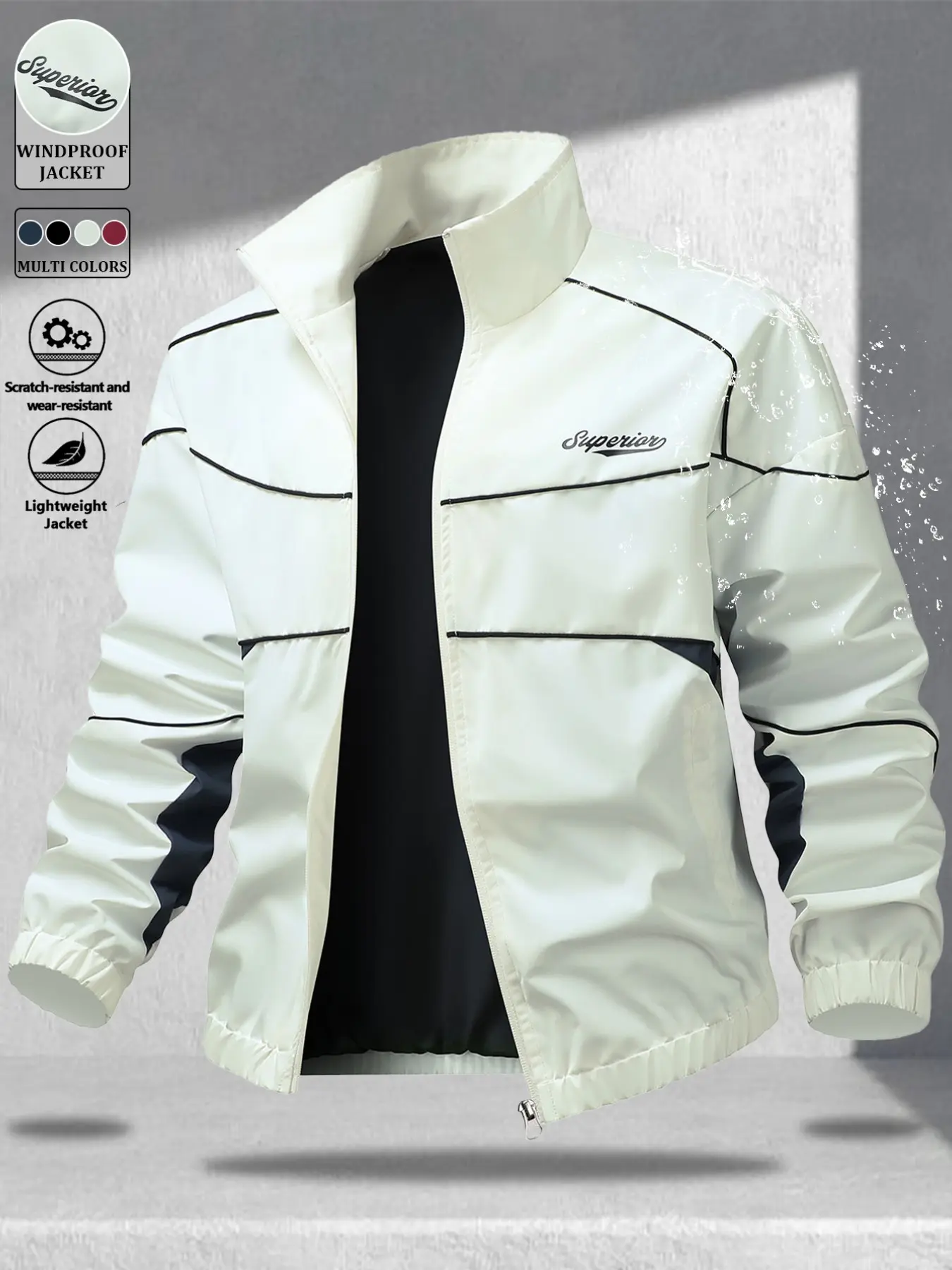 American Vintage Men's Stand Collar Jacket, Colorblock Design, Letter Print, Waterproof Durable Fabric, Loose Fit, Casual Style, All Seasons