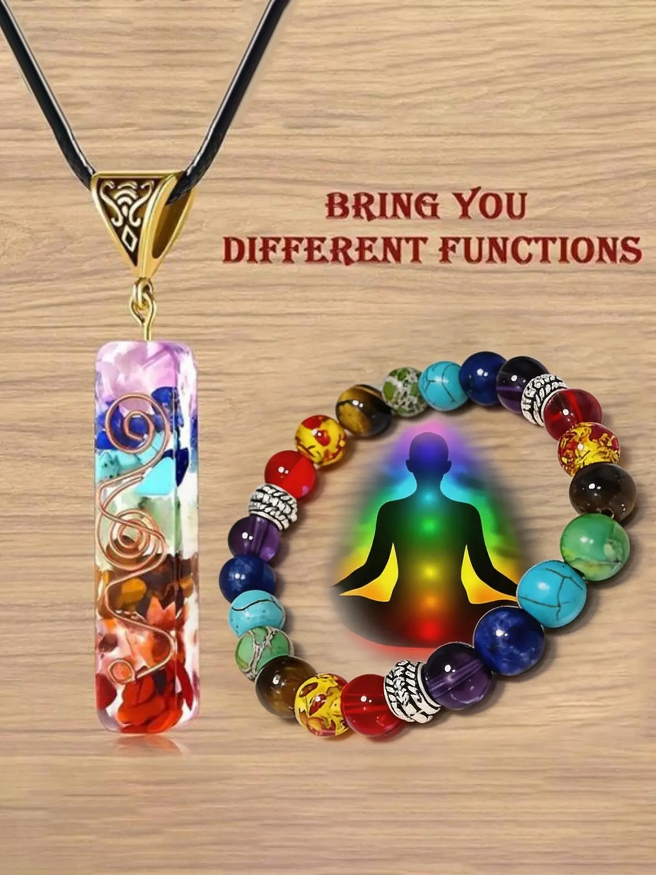 Seven Chakra Energy Crystal Beaded Bracelet and Necklace Set, Multi-Gemstone Pendant, Rainbow Crystal Pendant, Yoga Meditation Necklace, Resin Jewelry, Natural Crystal Set, Spiritual Gift, Emotional Gift, Suitable for Women and Men, Birthday Gift