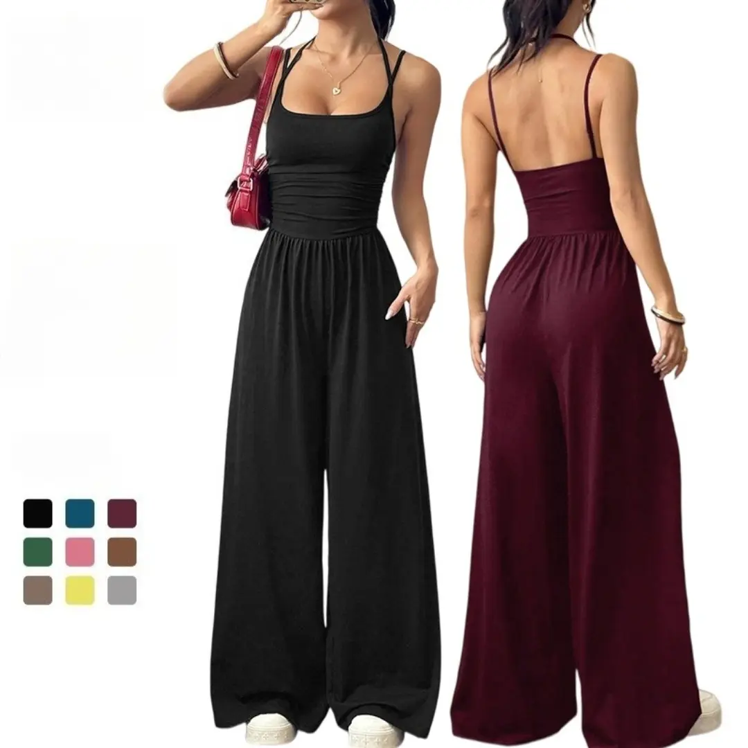 Women's Fashion Vintage Milk Silk 2-Piece Overalls Set - Sexy Bandeau Top, Loose-Fit Wide-Leg Pants, Adjustable Suspender Straps, Work Casual Summer Wear