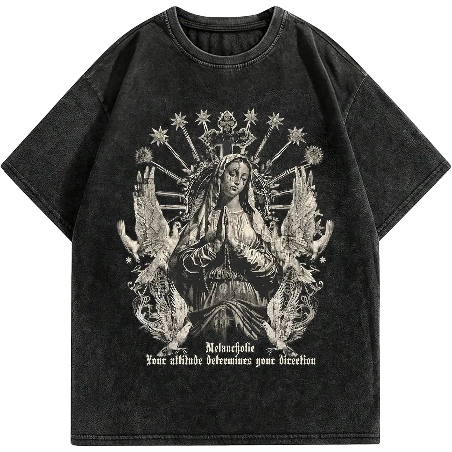 Mens Graphic Tees Acid Washed Unisex Vintage Cotton T-Shirts Sleeve Y2K 90s Band Goth Grunge Streetwear Casual Tops