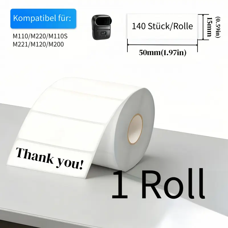 1 roll 50x15mm (1.97x0.59") white self-adhesive paper, 140 sheets/roll. Great for home organizing, work, study notes, photos, and sticky notes.