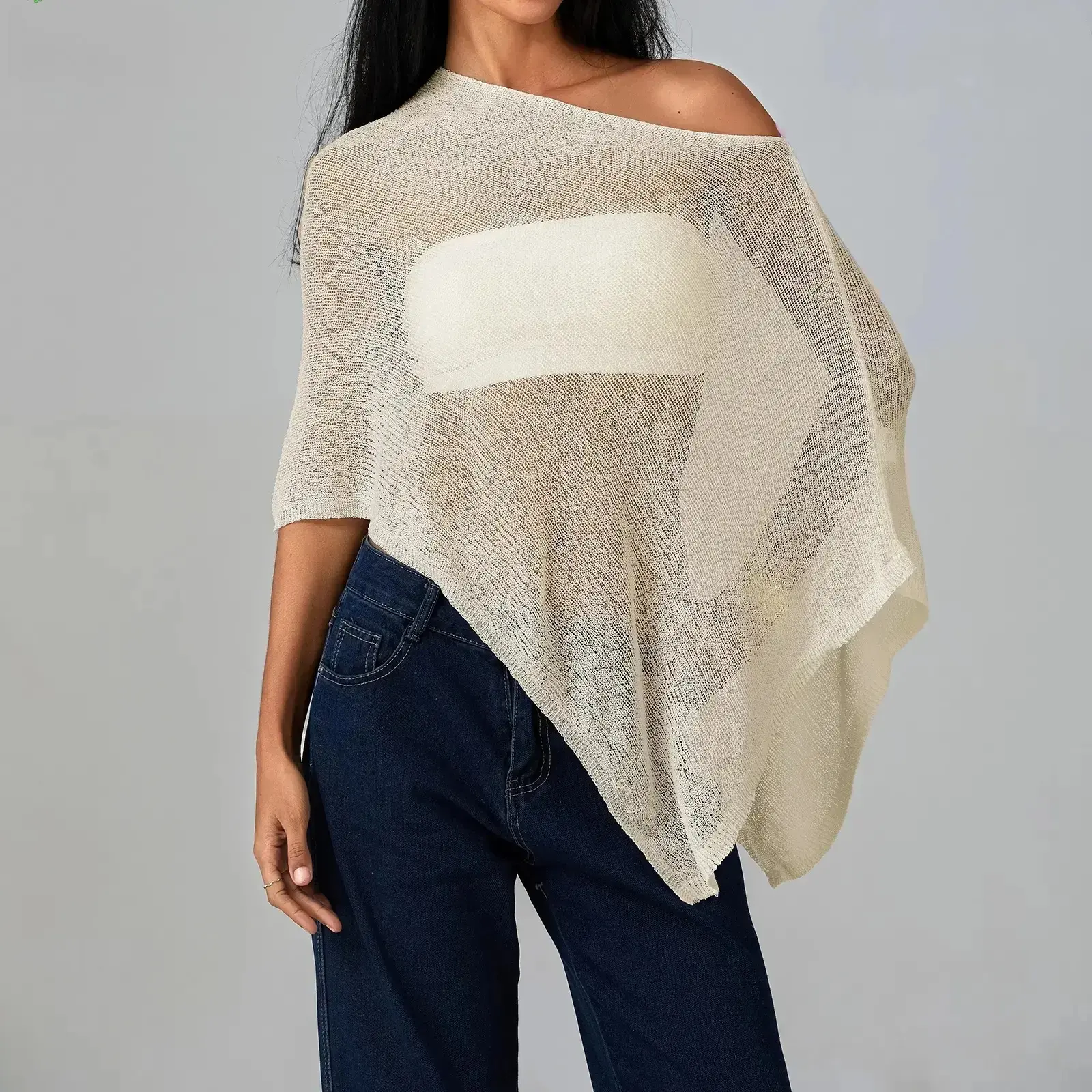 Women's Knit Crochet Sheer Poncho Shrug, Y2K Solid Color Irregular Hem Loose Shawl, Lightweight See Through Beach Swimsuit Coverup for Vacation Poolside Casual Outfits