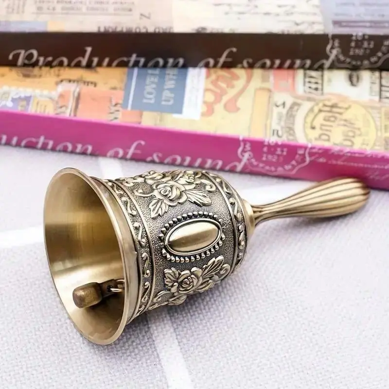 Retro Vintage Handheld Brass Bell Crafted With Premium Solid Metal Material, Classic Traditional Small Percussion Instrument With Clear Loud Ring Tone, Compact Portable Multi-Functional Call Tool Ideal For Garden Celebrations, Wedding Guest Calling, Outdo
