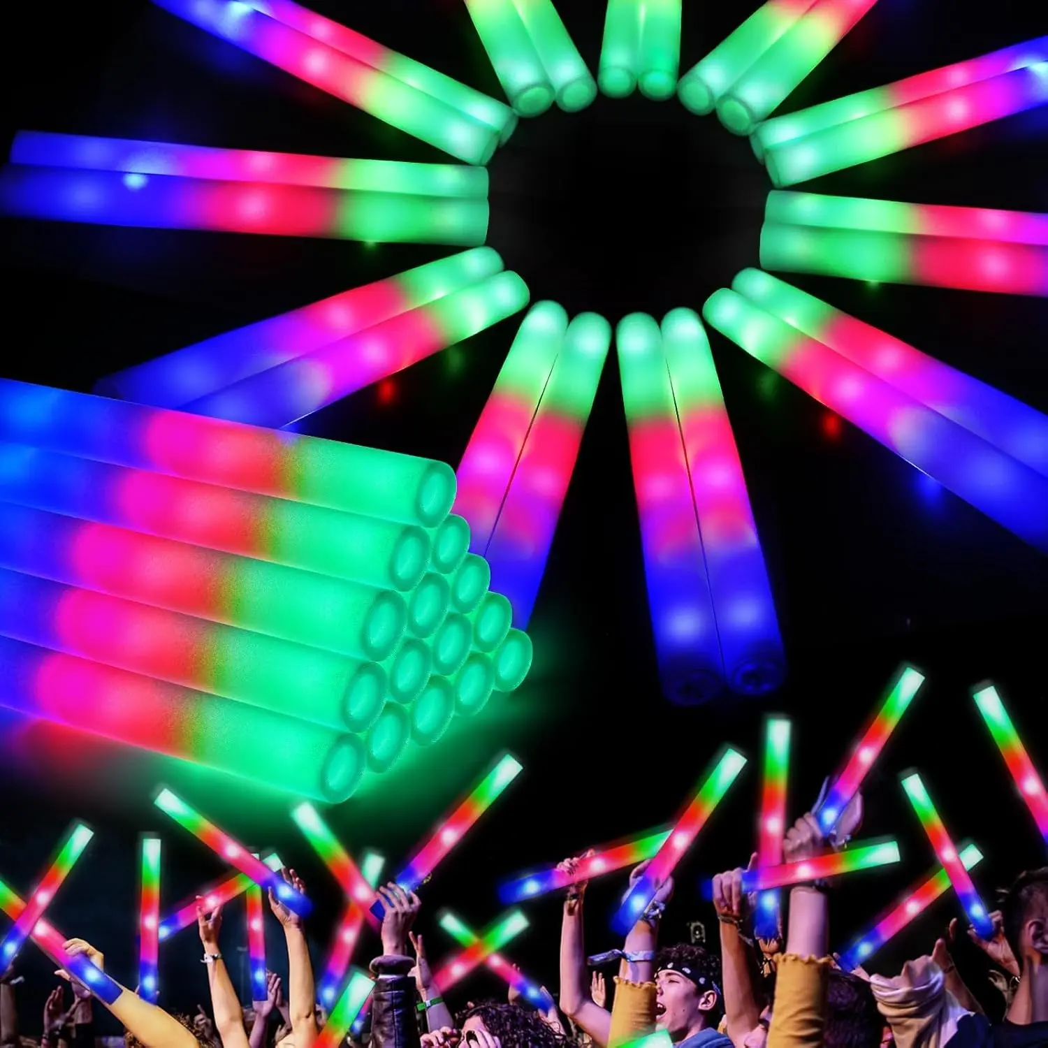 46PCS Foam Glow Sticks, Light Up Sticks with 3 Modes, Glow Stick Bulk Party Pack, Glow in Dark Party Supplies, LED Foam Sticks Bulk for Wedding Raves Concert Halloweenfidget toys