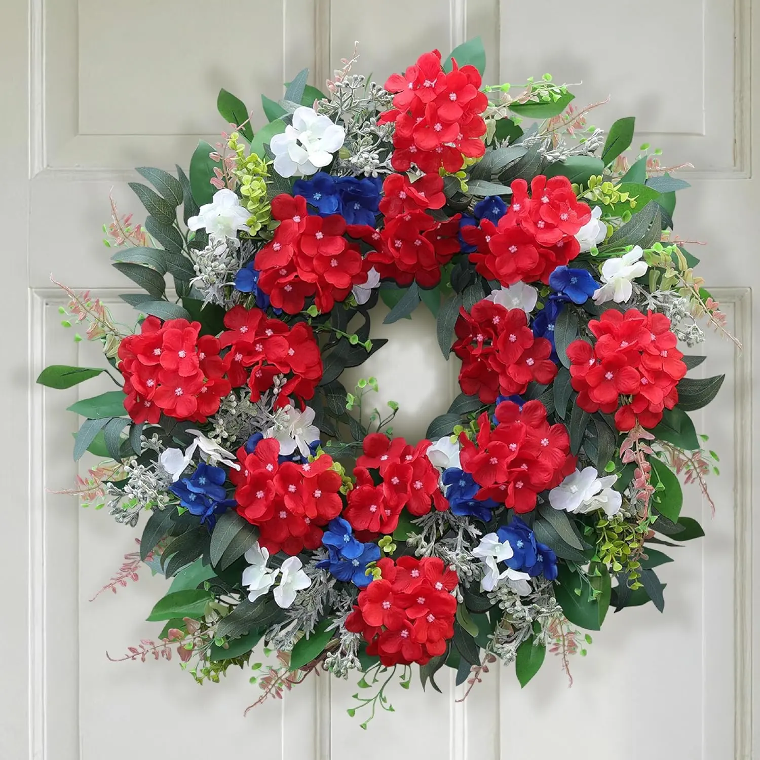24-Inch Floral Red White Blue Patriotic Hydrangea Wreath with Eucalyptus, Artificial Front Door Decor for Farmhouse Home Indoor Outdoor (4th of July, Memorial Day Use)