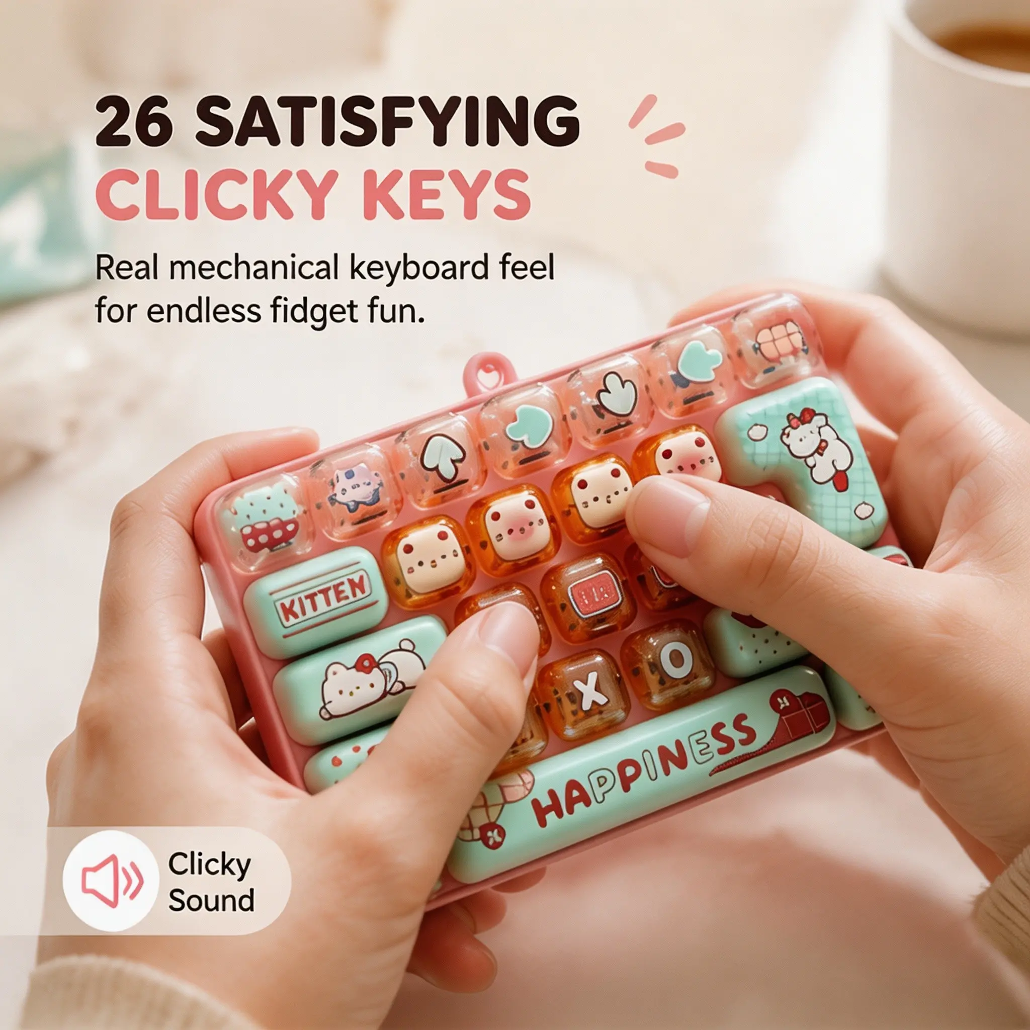 Kawaii Mini Keyboard Fidget Toy Keychain, 26 Keys Clicky Mechanical Keyboard Stress Relief Toy, Cute Sensory Desk Accessories Bag Charm Gift for Teens Girls