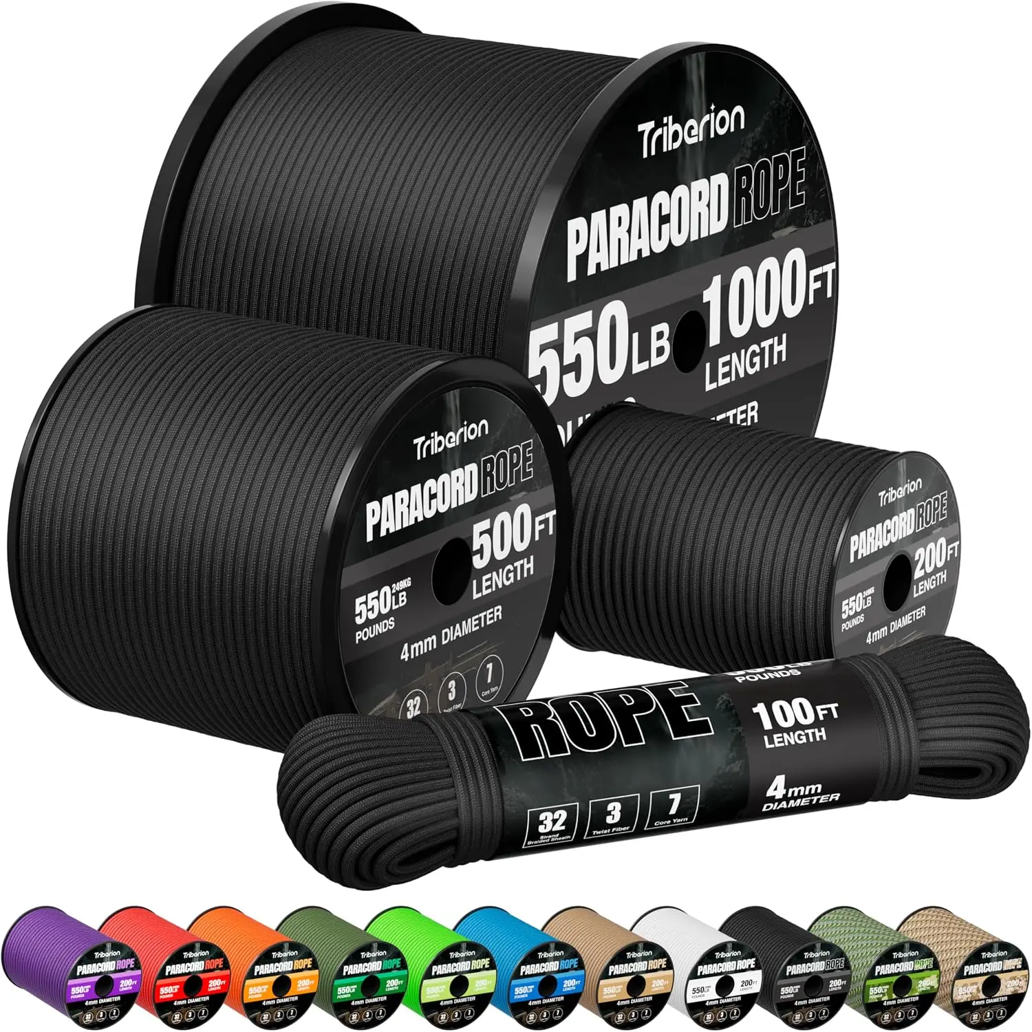 Rope 550 - 200ft 5/32" Parachute Cord 4MM 7-Strand para Cord - Duty Spool String for,Camping Gear, Bracelet, Clothesline - Black