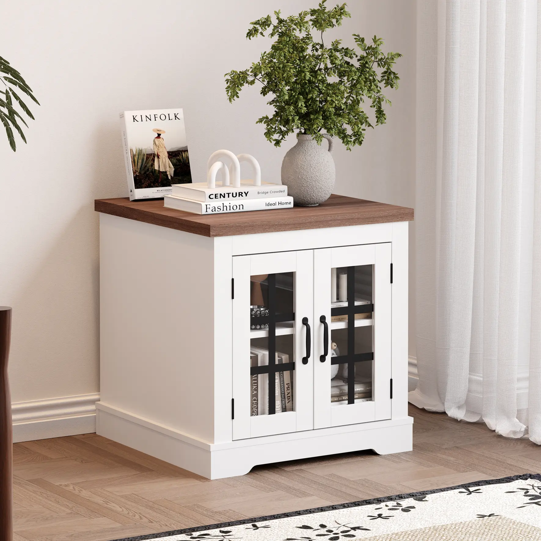 Modern Buffet Cabinet with Glass Doors & Ample Storage, Built-In Power Outlet, Black Relief Top with White Panel, Versatile Sideboard for Kitchen, Coffee Bar, Pantry & Living Room, Ideal for Small Spaces