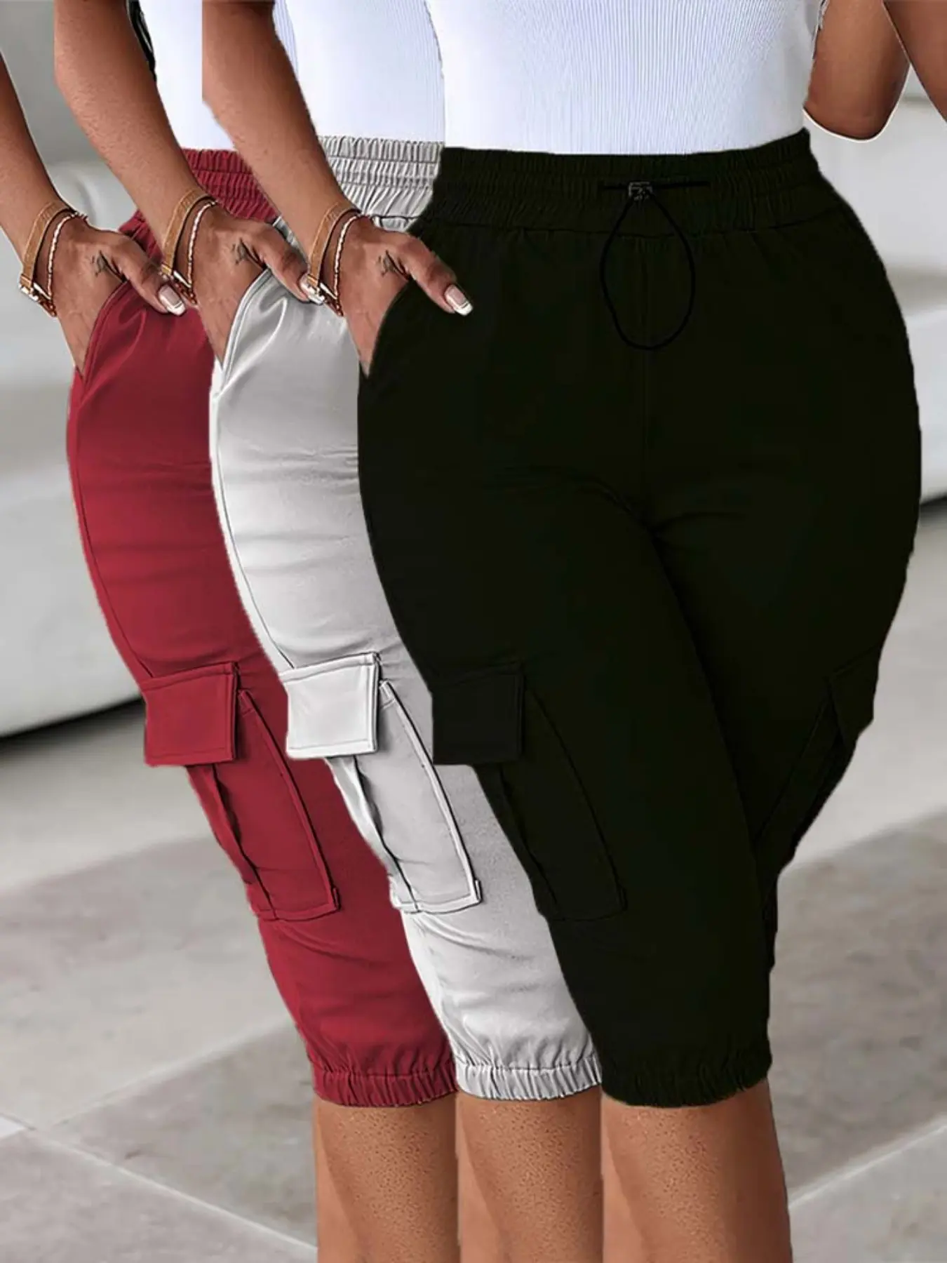 Women's 3-Pack Elastic Waist Slimming Cargo Pants, Casual Multi-Pocket Solid Color Capri Cargo Bottoms, All Season Fashion