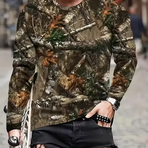 Men's Leaf Print Long Sleeve T-Shirt, Casual Polyester Round Neck Fitted Tee, Outdoor Inspired Crew Neck Top, Graphic T Shirts
