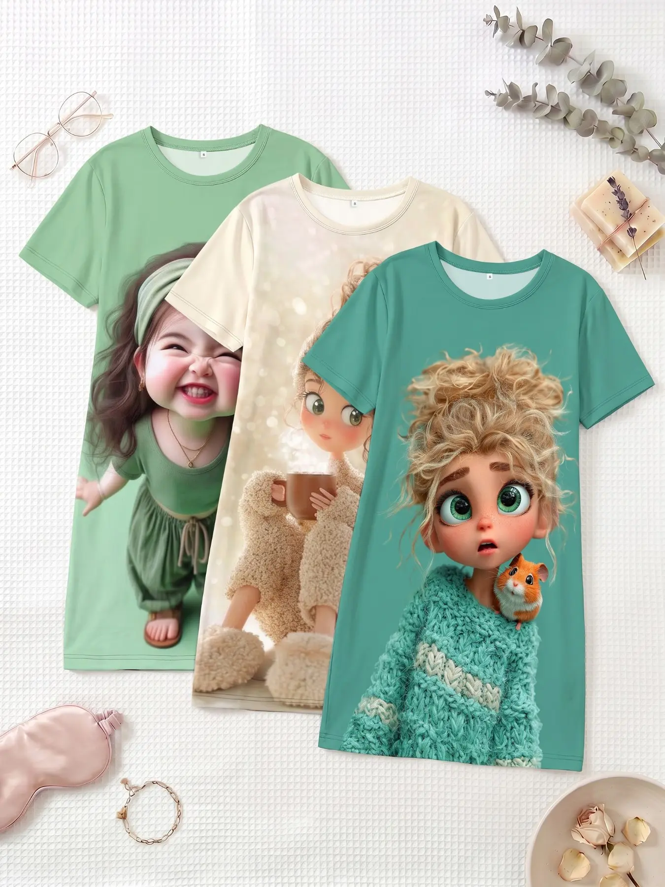 3-Piece Set Cute Girl Doll Large Animal Print Short Sleeve Round Neck Nightdress, Loose-Fitting Casual Loungewear Sleepwear for Spring Summer Fall