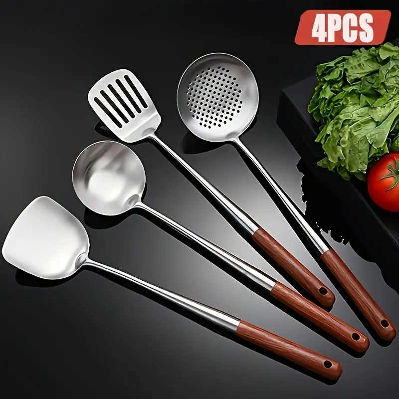 4-Piece Stainless Steel Long-Handled Kitchen Utensil Set, Includes Spatula, Ladle, Soup Spoon, Strainer, Multifunctional Kitchen Tools