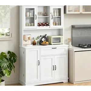 Kitchen Pantry Storage Cabinet, Freestanding Buffet Cabinet with Microwave Stand, 4 Door Shelves, Adjustable Shelves & Wine Rack, White