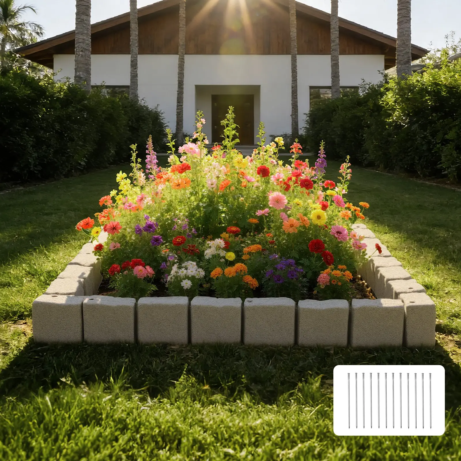 VEVOR Gardening Outdoor PE Plastic No-Dig Faux Stone Edging Kit, 4-Pack (6 Bricks/Section) with 4 Corner Pieces, 46.85"l x 3.94"w x 6.1"h, 15.5ft Length, 12 Spikes, Interlocks Easy, Defines Lawn Flower Bed Edges