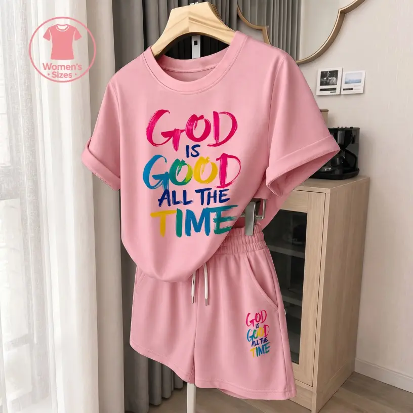 Women's God Is Good All The Time Christian Graphic Short Sleeve T-Shirt And Shorts Set, Casual Summer Two-Piece Outfit With Crew Neck Top And Drawstring Waist Shorts For Daily Wear