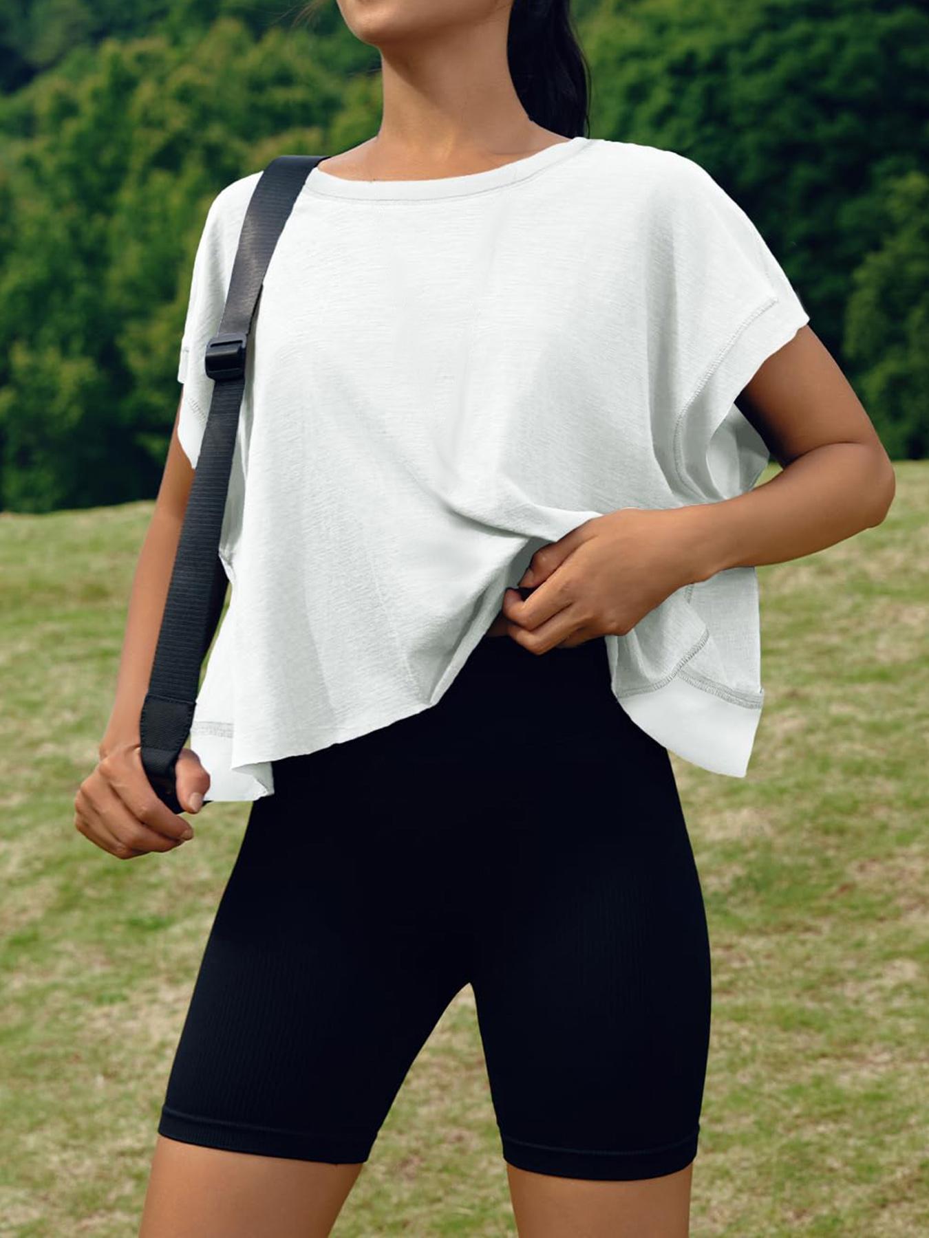 Renaishow Women's Open Back Workout Top Oversized Backless Athletic Short Sleeve T-Shirt for Gym & Casual Wear tiktokshopspringglowup