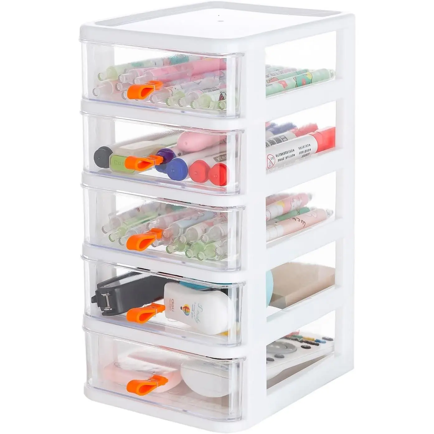 5 Drawer Mini Stackable Storage Drawers, Clear/White Frame | Plastic Dressers with Drawers, For Arts and Crafts, Small Tools, Sewing Accessories, Stationary and Hardware