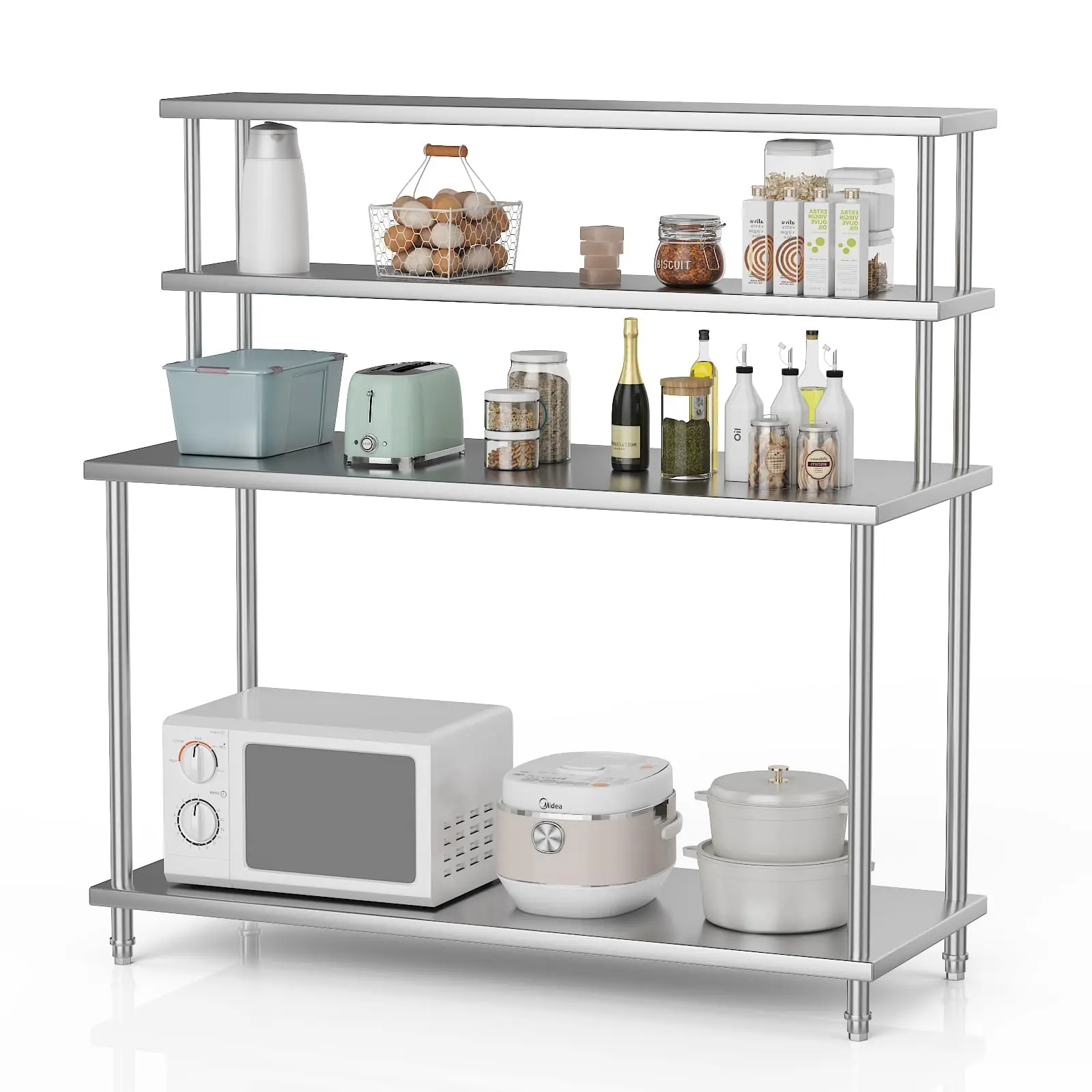 Heavy Duty Stainless Steel Laboratory Workbench – 60x24 Inch Prep Table with Double Adjustable Overshelves, 4-Tier Metal Storage, Corrosion Resistant, High Load Capacity – Ideal for Lab, Kitchen, Restaurant, Warehouse