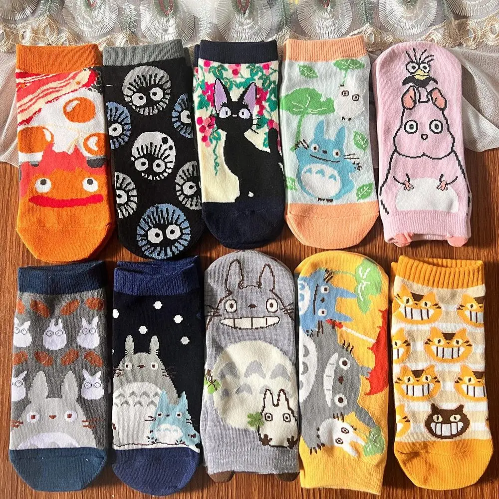 Women's Anime Crew Socks - Japanese Anime Art-Inspired All-Seasons Cotton Blend, Jiji & Calcifer Assorted Character Ankle Socks (EU 35-40), Casual Cute Novelty Birthday Gift for Fans, Saver Shipping