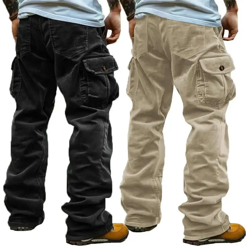 2 Pack Men's Multi‑Color Corduroy Cargo Pants |   Wide Leg Loose Fit Pocket Casual Trousers-Men's Autumn/Winter Clothing Menswear Gamis Menswear Gamis Beige Plain Blue pants for men pantalones para hombre work pants pantalones de trabajo hombre work pants