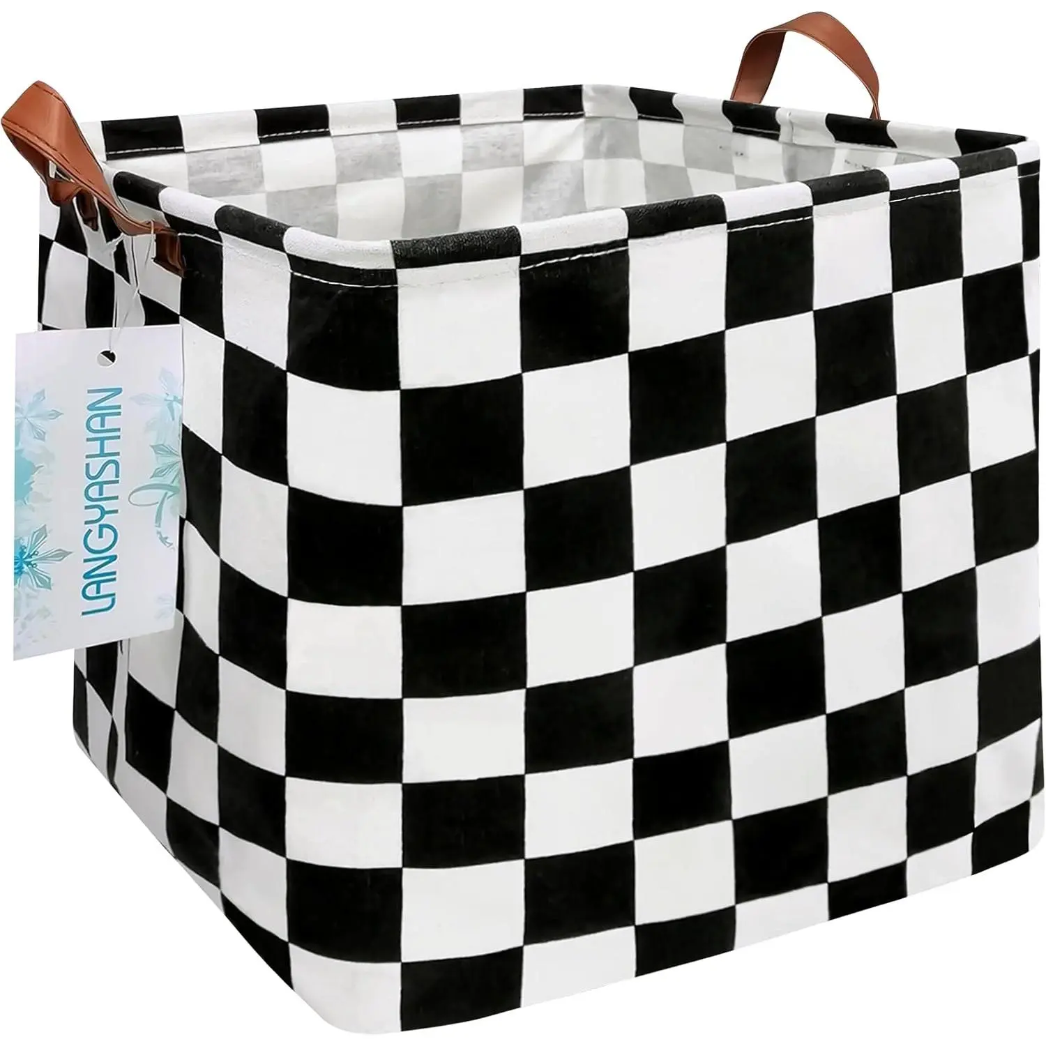 Racecar Storage Basket Toy Organizer - Square Fabric Shelf Bin with Racing Flag Print, Foldable, Rigid Self-Standing Hamper with Thick Handles for Kids Bedroom, Playroom, Nursery