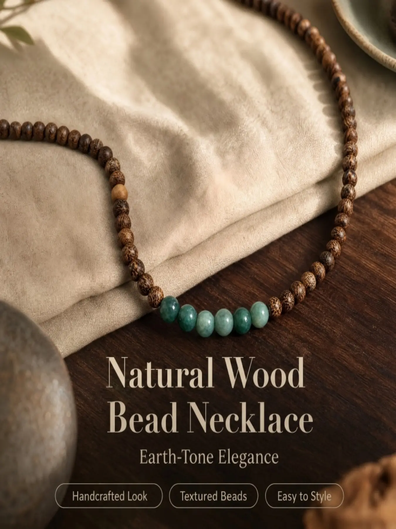 Vintage Balanced Wood Bead Necklace, Emerald Center, Lightweight Spiritual Meditation Buddha Beads, Natural Sandalwood Bohemian Layered Jewelry, Unisex Daily Accessory