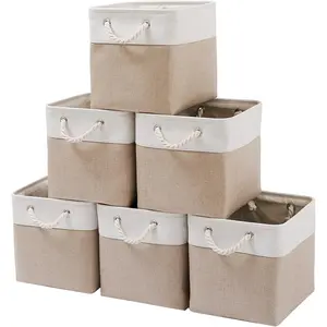 11 x 11 Inch Cube Storage Bins, 6 Pack Large Collapsible Fabric Storage Bin with Ropes, Foldable Storage Cubes for Home, Office, Closet, Clothes, Toys Organizer (White & Beige-11"x11"x11")