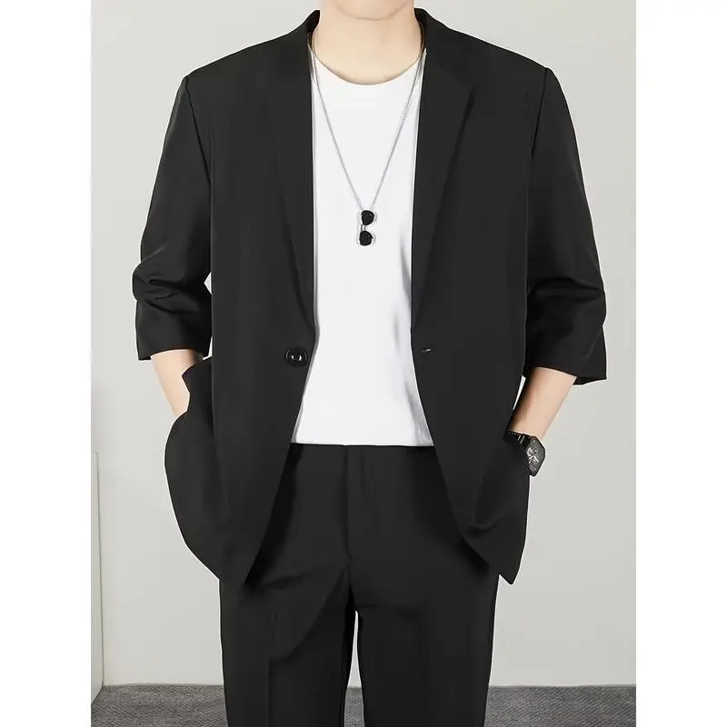 [Korean Style Casual Blazer] Lightweight Korean Style Men's Casual Blazer - 3/4 Sleeves Polyester Suit Jacket in Solid Color, Machine Washable - Spring/Autumn