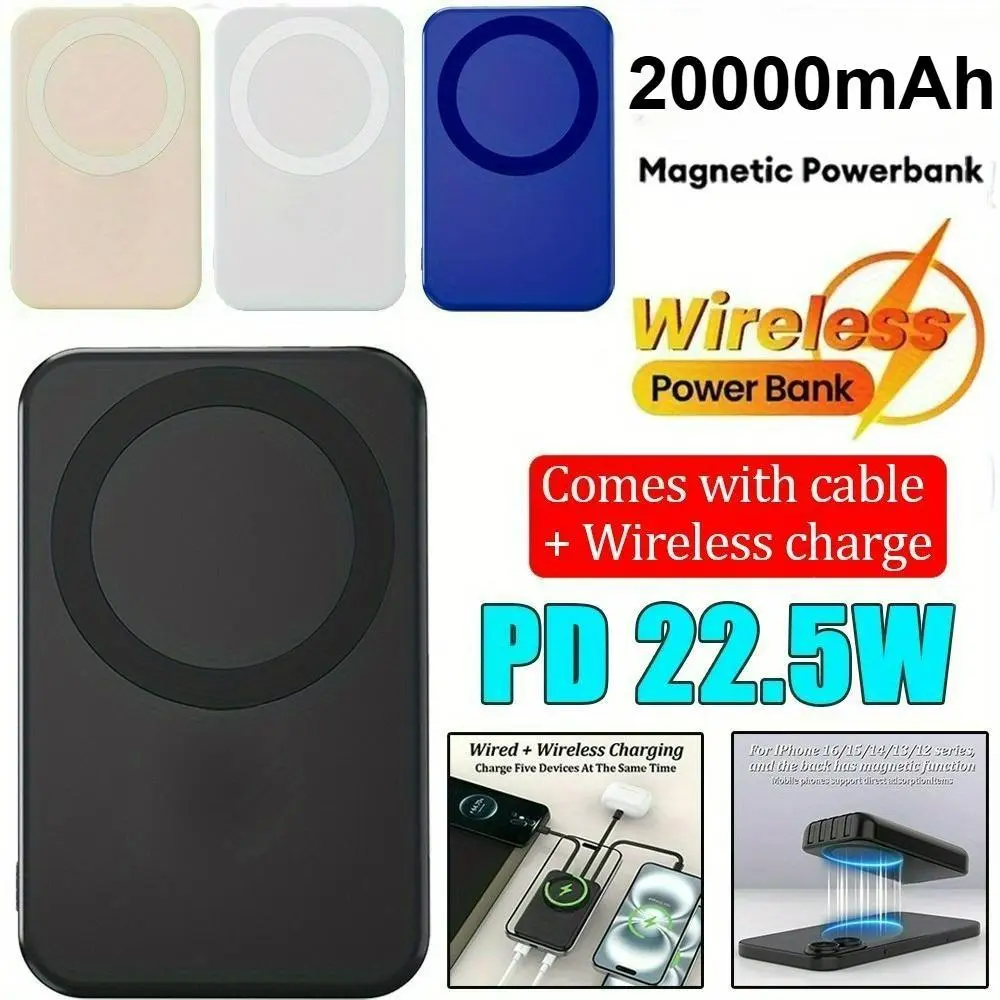 20000mAh Compact Magnetic Portable Charger with LED Display, 22.5W Fast Charging, Inbuilt USB-Type-C Cables, Black Inbuilt Cables Power Banks for iPhone, Portable External Battery Pack Festival Gift