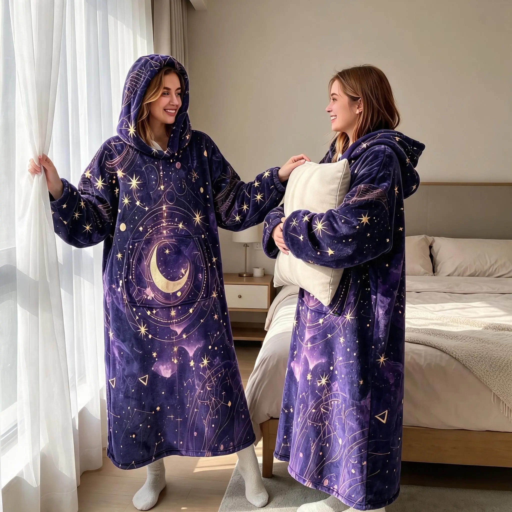 1pc Flannel Hooded Wearable Blanket, Couples Zodiac Print, Long Sleeve with Large Pockets, Casual Home Lingerie, Holiday Gift