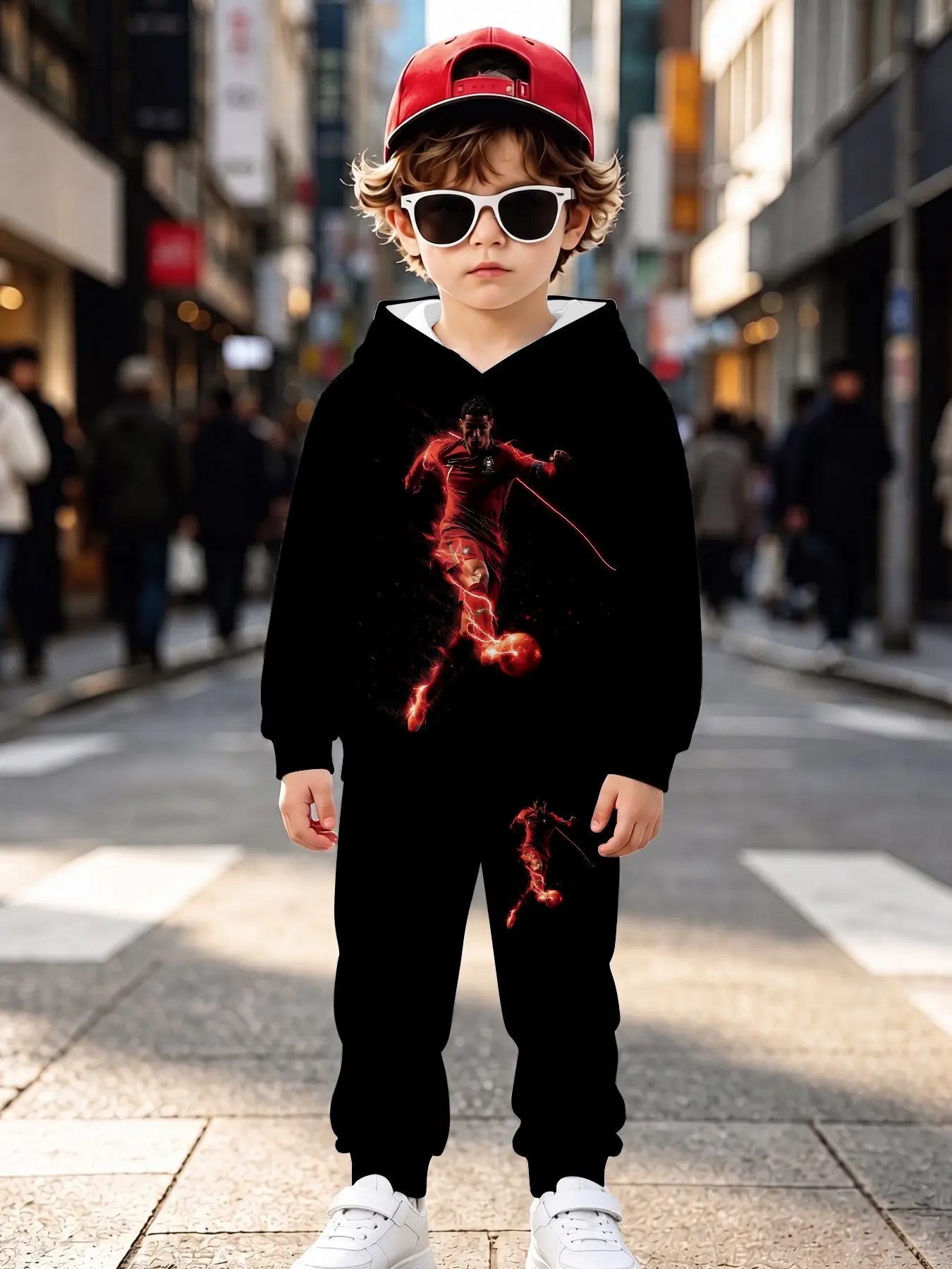 Lightning Strike Boys' Hooded Sweatshirt Set, Casual Long Sleeve Sweatpants, All over Print, Fall & Winter Fashion, Natural Waist