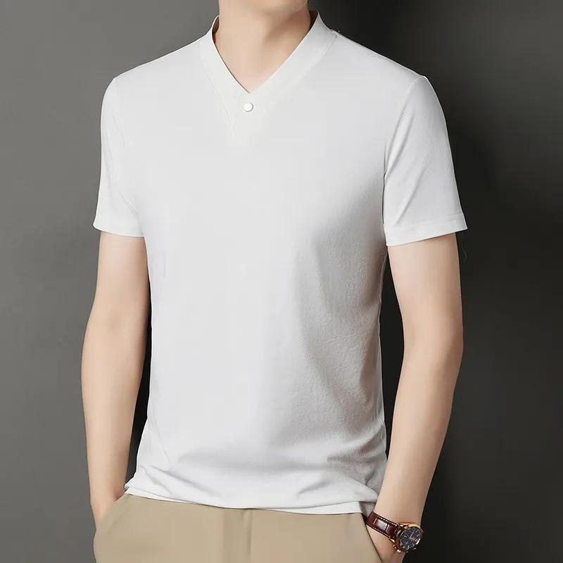 Kyn Apparel 2026 Korean Style Men's Casual and Fashionable One Button V-neck Solid Color Short Sleeved T-shirt Summer Versatile Top