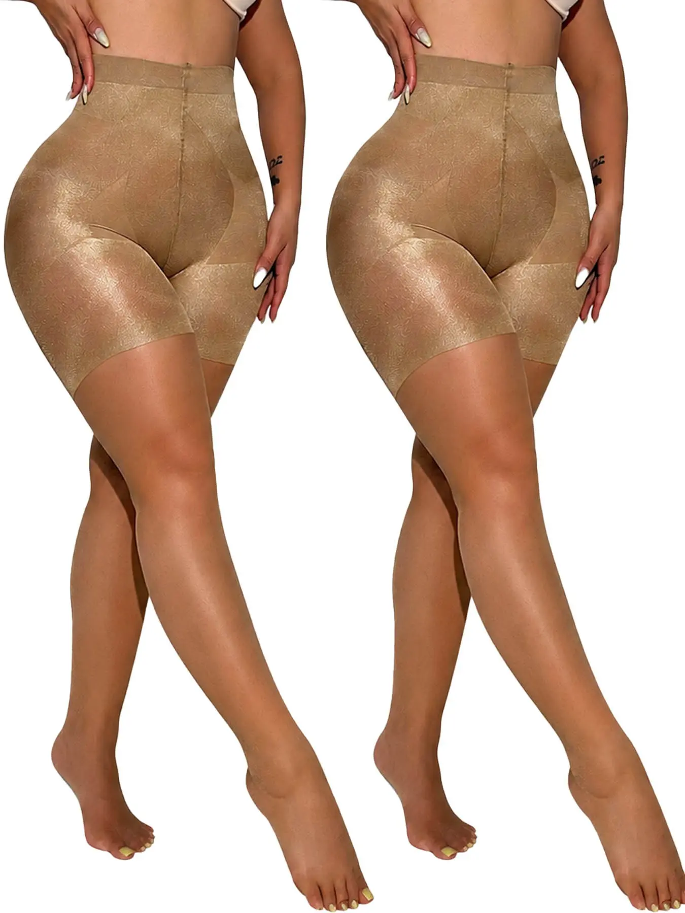 2-Pack Women's Sheer Shaping Skinny Pants, 15 Denier Ultra-Fine High-Waisted Plus Size Pantyhose, Plain Pattern, Raised-Fiber Surface