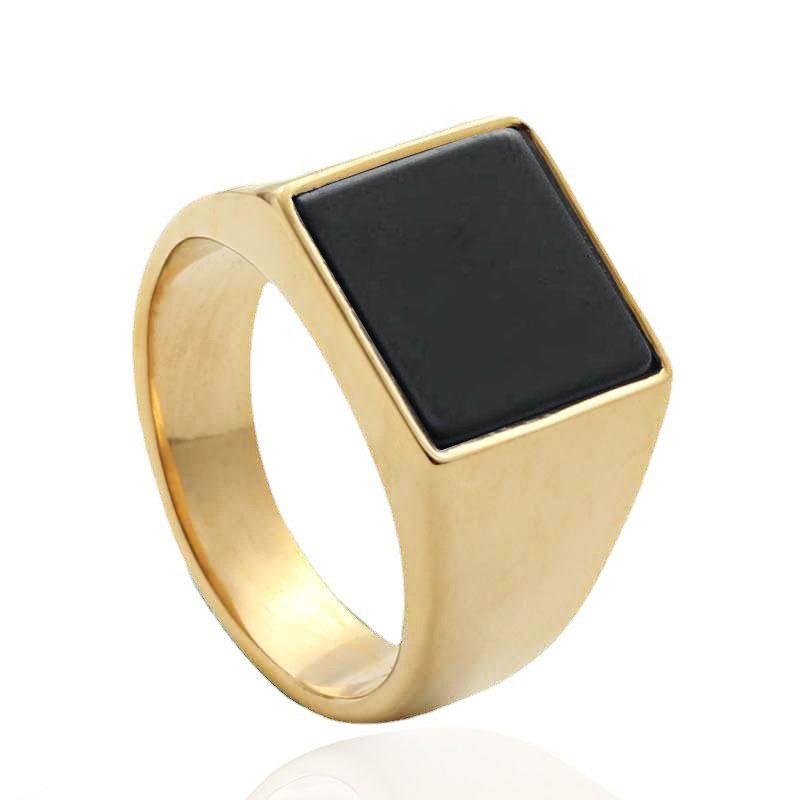 European and American jewelry titanium steel black glass ring, retro trendy men punk stainless steel black gemstone square ring