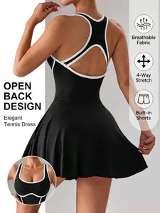 Breathable Quick-Dry Four-Way Stretch Tennis Skirt, Trim Colorblock U-Neck Backless, Women's Golf Yoga Fitness Shorts Skirt