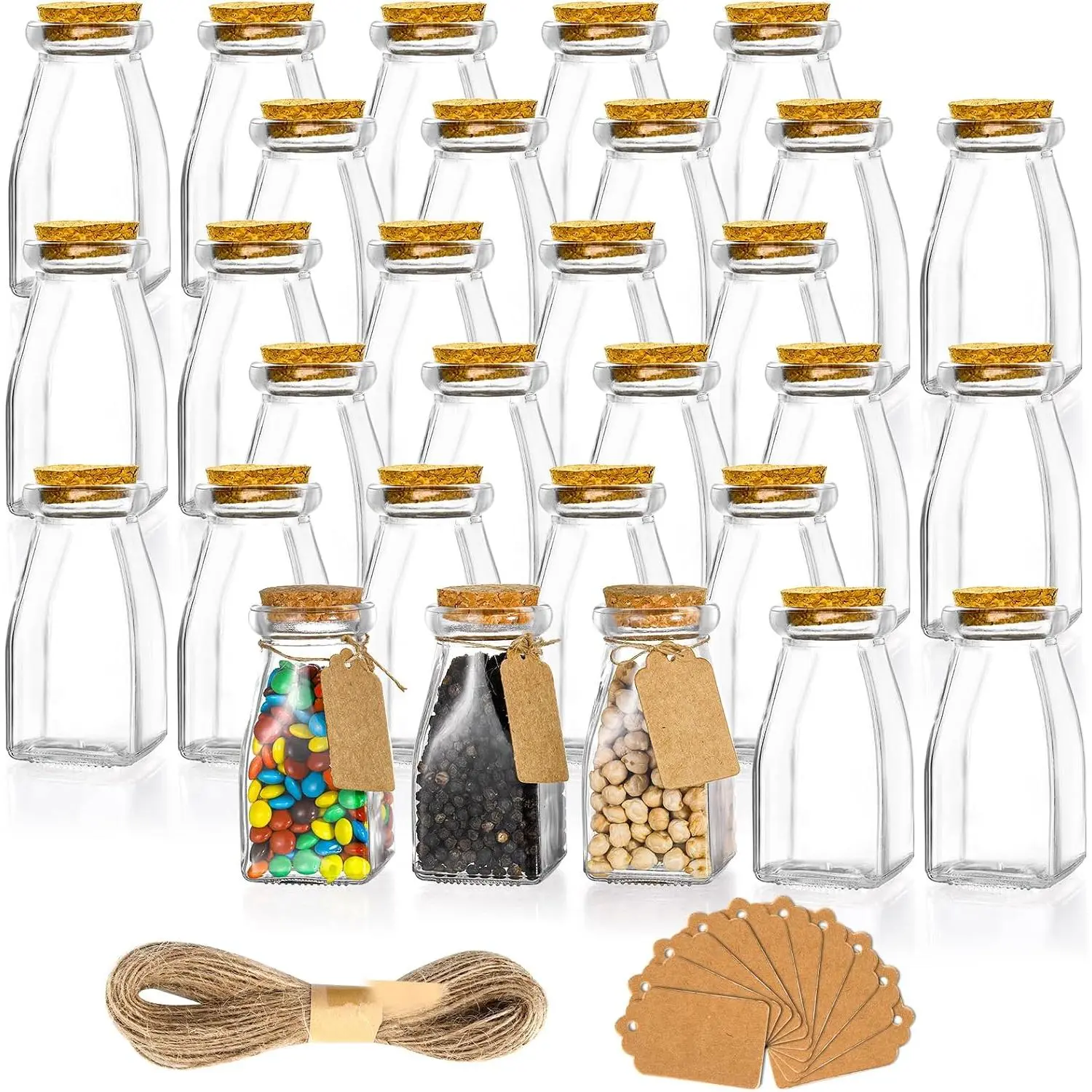 30 Pack Glass Favor Jars with Cork , 4 OZ Clear Small Candy Jars Set Square Decorative Bottles for Thanksgiving , Christmas,  Shower Wedding Party Favor, Brown Labels and Strings