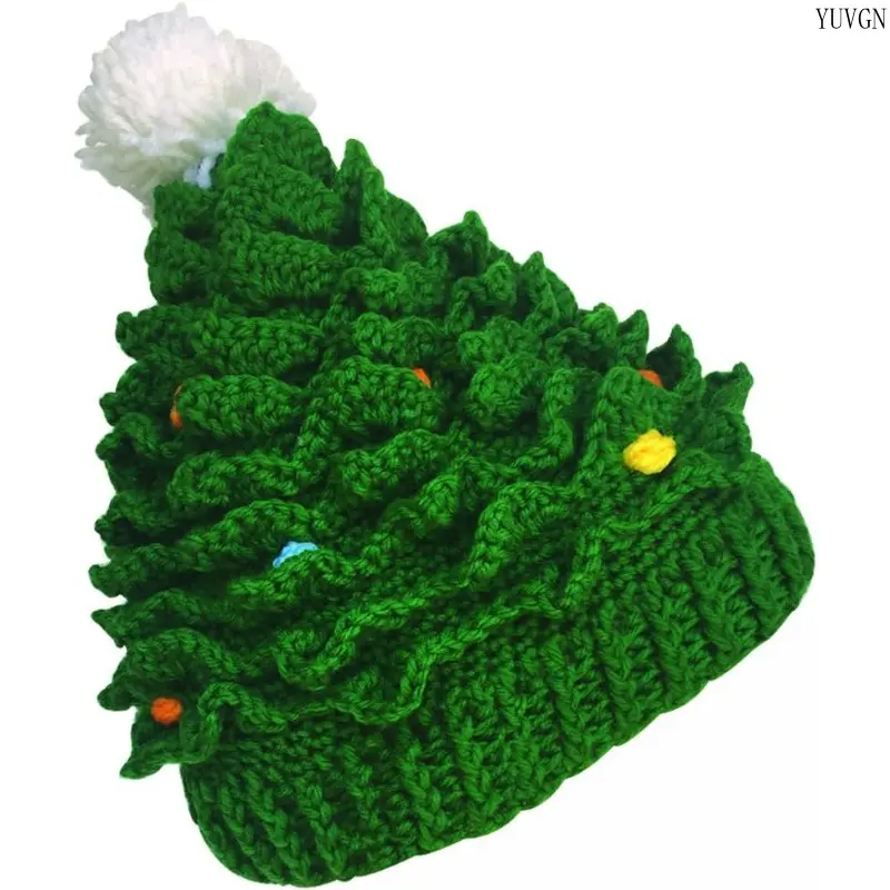 Unisex 3D Crochet Christmas Tree Beanie, Fluffy Pom‑pom Knit Winter Skull Cap, Colorful Bead Decor Holiday Headwear, Soft Warm Handmade Hat, Ideal for Xmas Party, Outdoor Trip, Family Holiday Outfit‑Matching