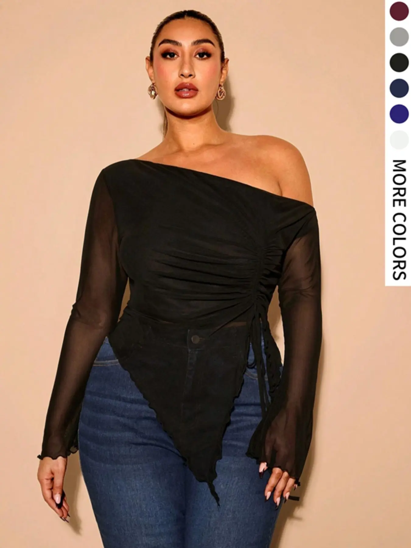 Plus Size Women's Mesh Top, Asymmetrical Shoulder Drawstring Long Sleeve Shirt Blouses, Semi-Transparent Slim Fit, Casual & Formal Wear