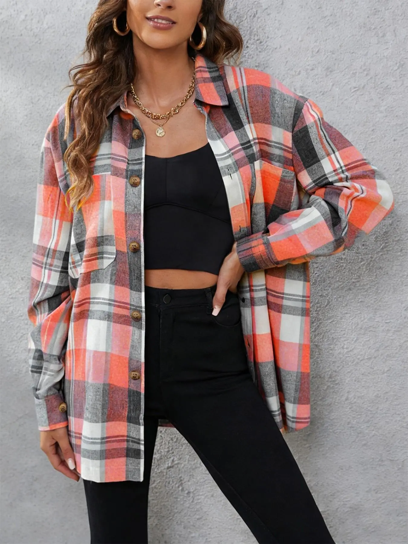Women's Plaid Fleece Long Sleeve Button Shirt, Vintage Loose Roll Neck Casual Top, Dual Pocket Layered Shirt, Spring & Fall Fashion