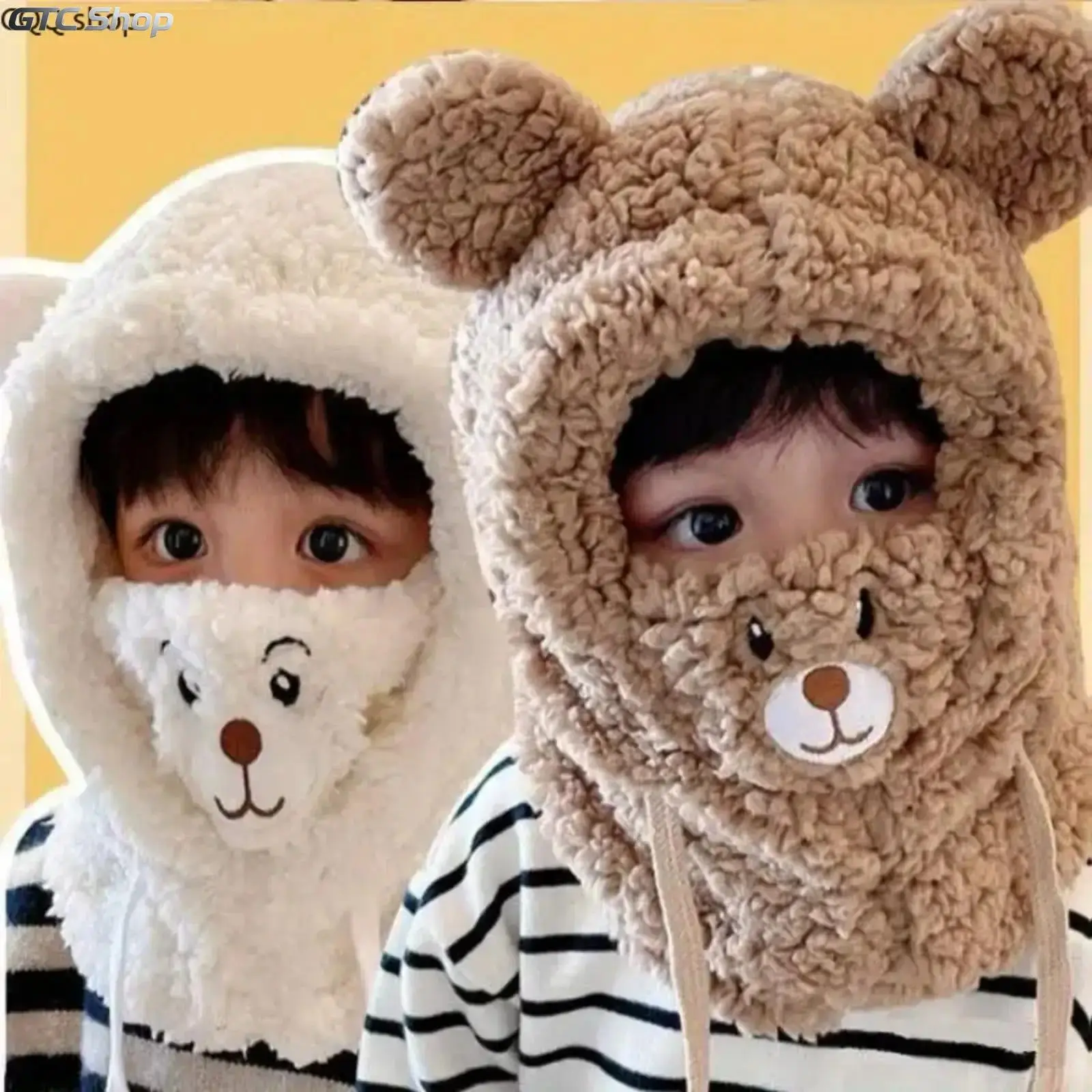 Unisex Anime Bear 3-in-1 Animal Thermal Fleece Beanie Hat-Scarf-Mask Set, Double Layer 100% Polyester Ear Warmer, Elastic Drawstring Closure, Lightweight, Hand Washable, for Autumn, Winter, Christmas Daily Wear, Animal Hats, Thermal Hats