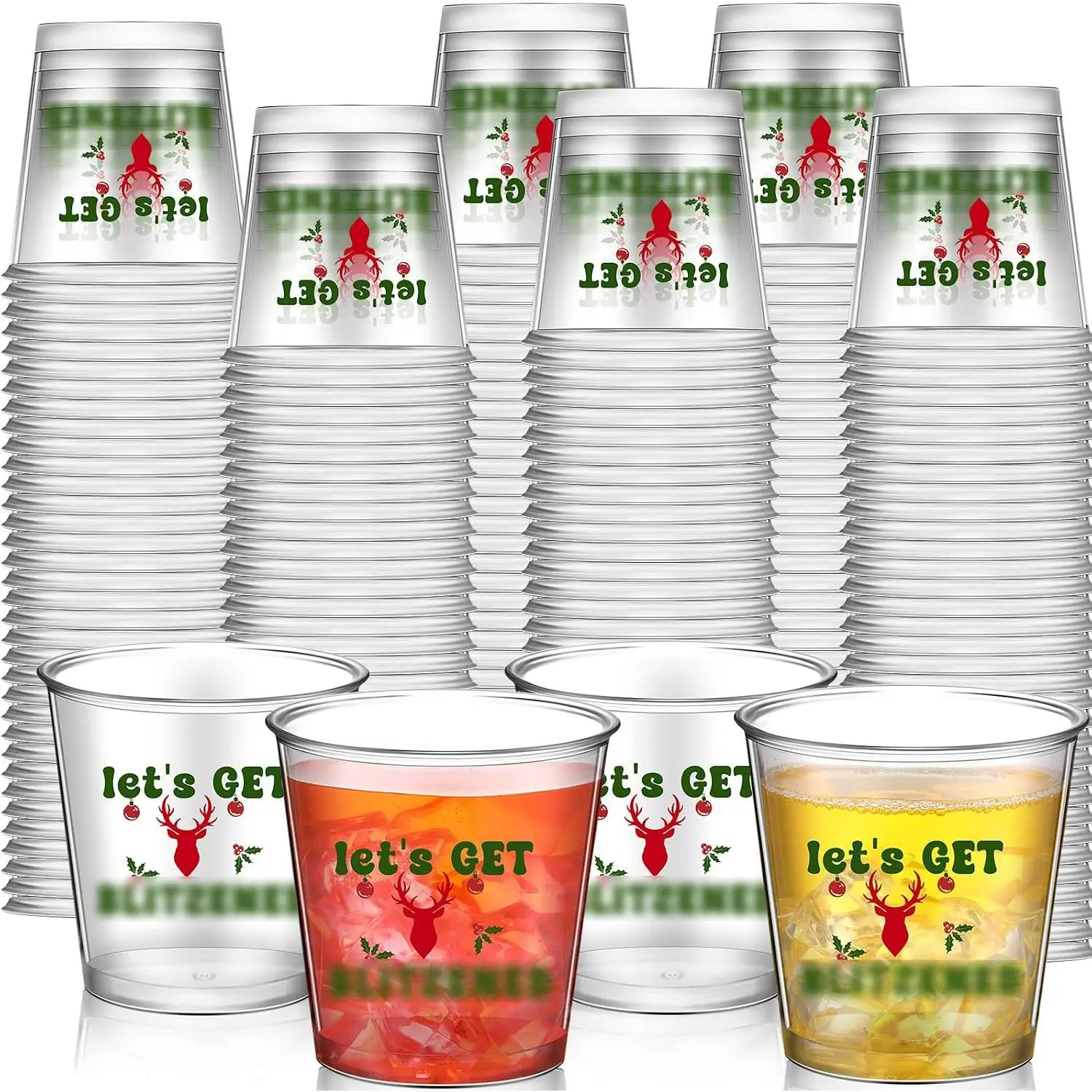 100 count Disposable Christmas Glasses, 2.87oz Plastic Clear Holiday Glasses Mini Cups for Christmas  Year Party  Supplies(Let’s Get)