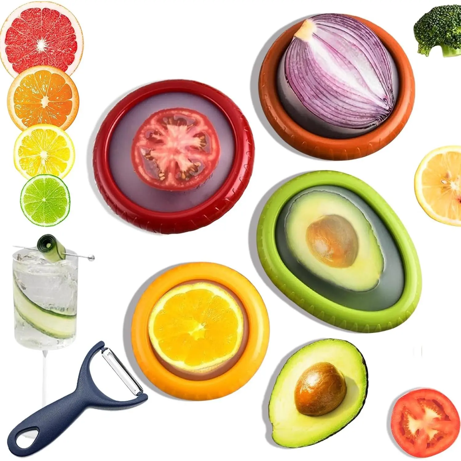 Avocado Saver, 5- Fruit Saver Container Set with Peeler | 4   ABS and  containers, 1 stainless steel peeler, airtight, leak-proof, dishwasher and freezer safe
