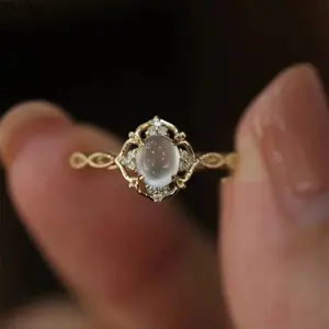 2026 New Ice-Type White Chalcedony Cabochon Crystal Ring - Gold-Plated, Cubic Zirconia-Accented, Adjustable Open Band, Glass-Like Luster - Women's Accessories, Gemstone Crystal Ring, Ideal Mother's Day Gift (Fashion Costume Jewelry), Accessories For Women