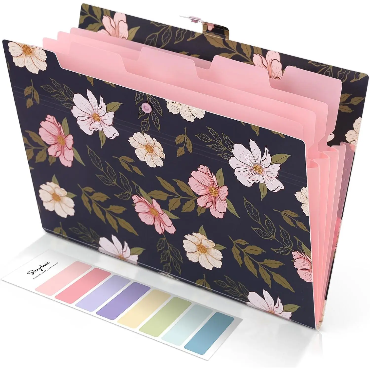 Accordion File Organizer, Floral Expanding File Folders with 5 Pockets, Cute Document Organizer for Paper Bills Receipt Storage, School Office &  Supplies Letter/A4 Size Navy Blue