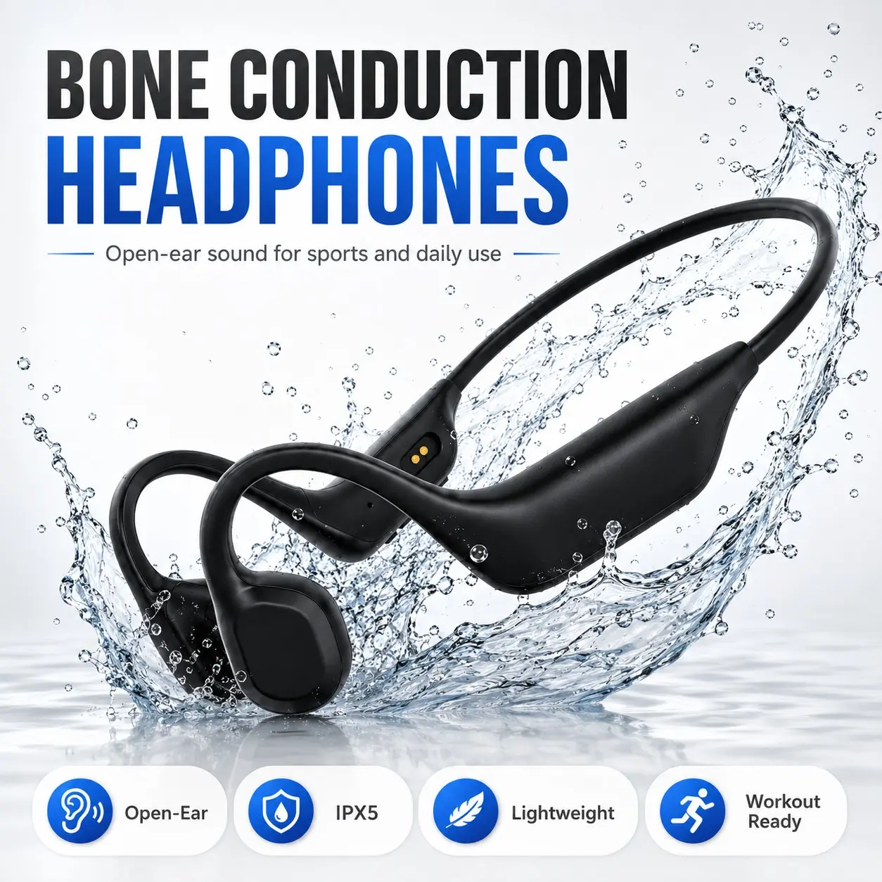 Bone Conduction Headphones, Open-Ear Bluetooth Wireless Headset with Mic, Secure Fit IPX5 Sports Headphones for Running Cycling Workouts