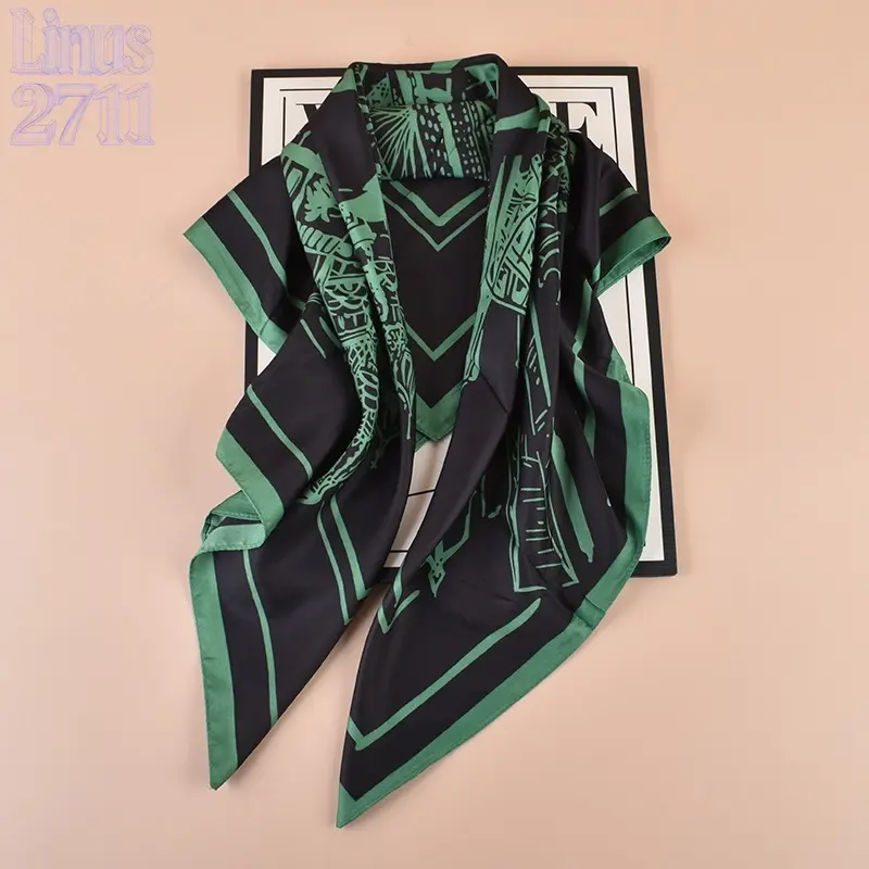 Vintage Architectural Building Print 90cm Square Twill Silk Scarf Women Black Green Retro Geometry Bandana Multi-use Head Wrap Neck Scarf Outer Shawl Travel Sun Protection Decorative Handkerchief