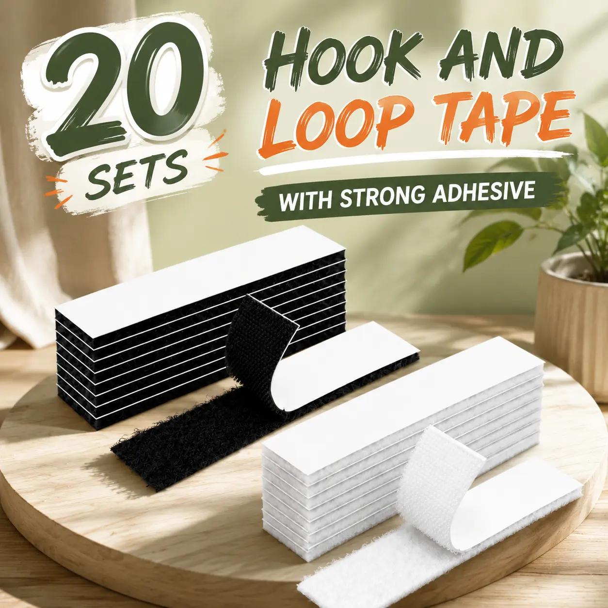 20 Pack Heavy Duty Hook and Loop Tape, 1x3 Inch Double Sided Strong Adhesive Mounting Strips, Reusable Interlocking Fastener Tape for Fabric, Carpet, Rugs, Posters, Home, Office, Classroom, Dorm and DIY Projects