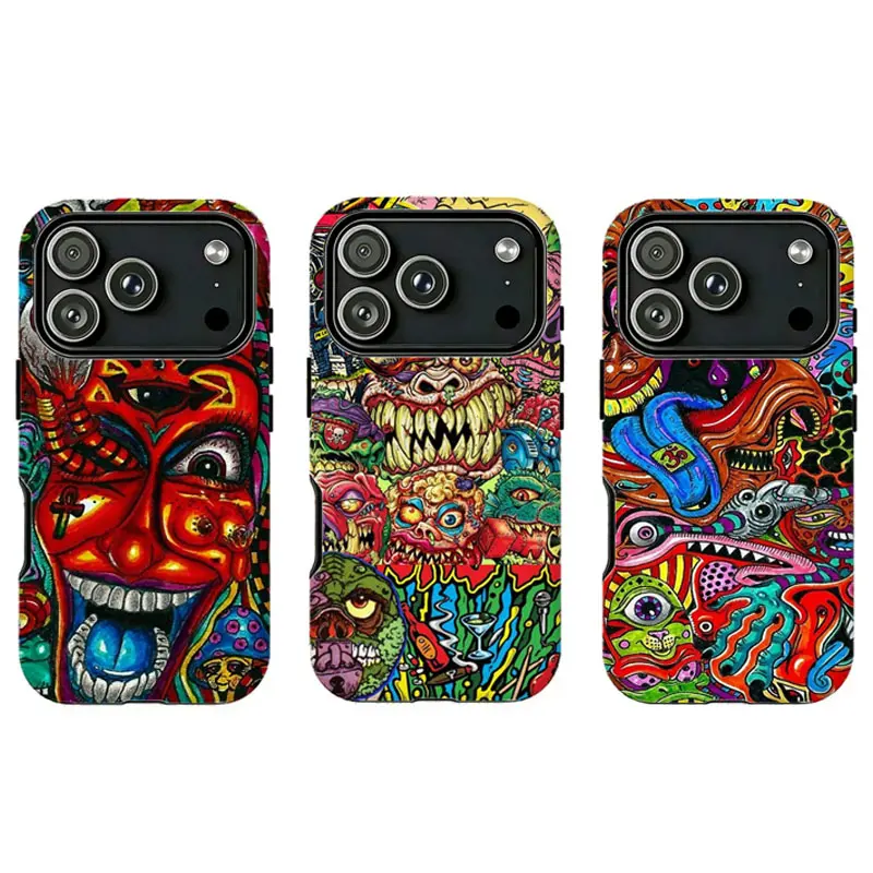 Trippy Colorful Monster Doodle Collage Long-Lasting Protective Phone Case, Psychedelic Weirdcore Street Punk Aesthetic , For iPhone 11 12 13 14 15 16 17 Pro Max For Samsung S26 S25 S24 S23 S22-Gift For Her/Him/Anime lovers