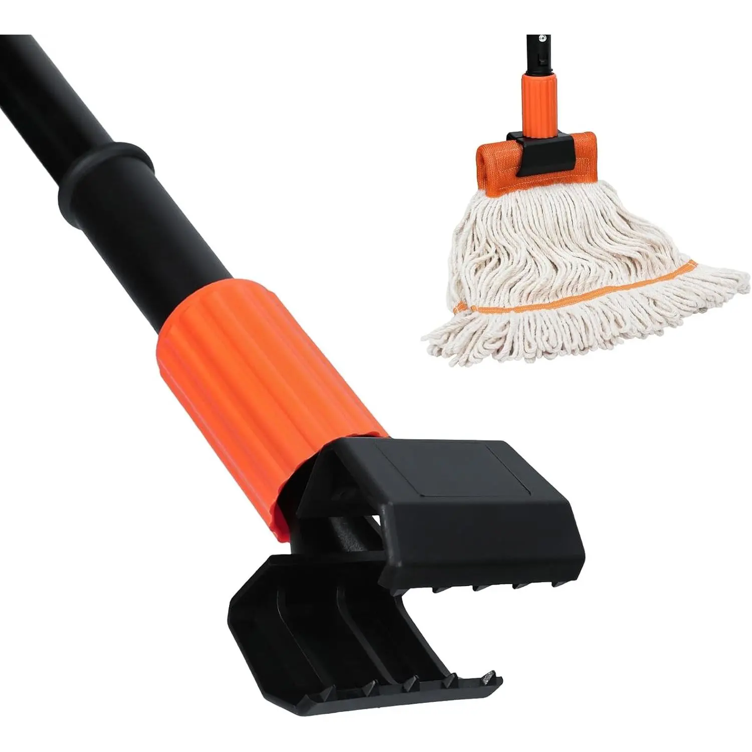 1PK Commercial Heavy Duty Mop Handle, Industrial Steel Mop Stick with Jaw Clamp, 58” Long Wet Mop Handle Gripper, Safety Orange